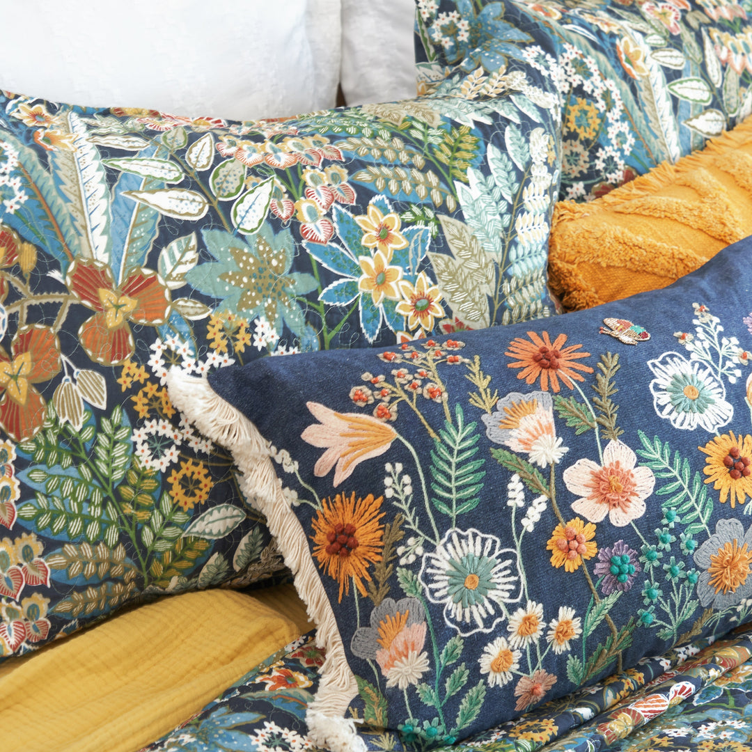 carol & frank's Post Quilt Set and Queensgrove Pillow featured in Gift Shop Plus' Homes with Soul feature alongside Foreside Home & Garden's Bronze Sparrow Fountain