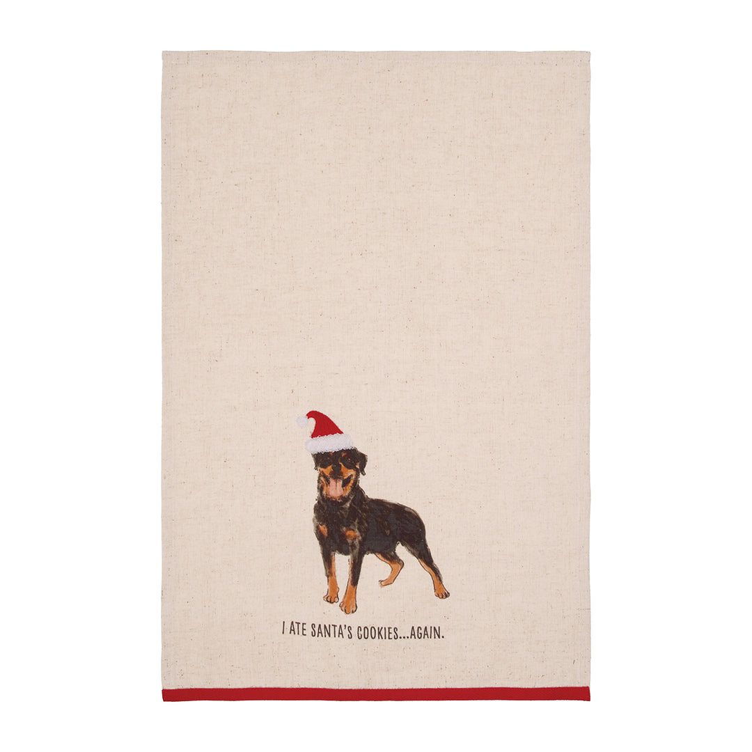 White ate the cookies rottweiler towel shown flat with its embroidered design
