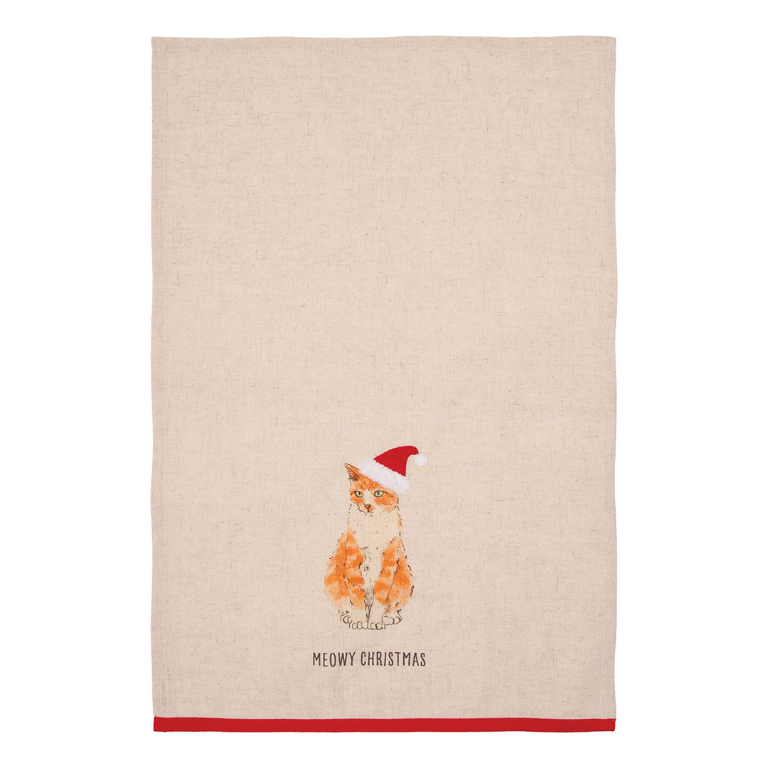 White meowy christmas orange cat towel shown flat with its embroidered design