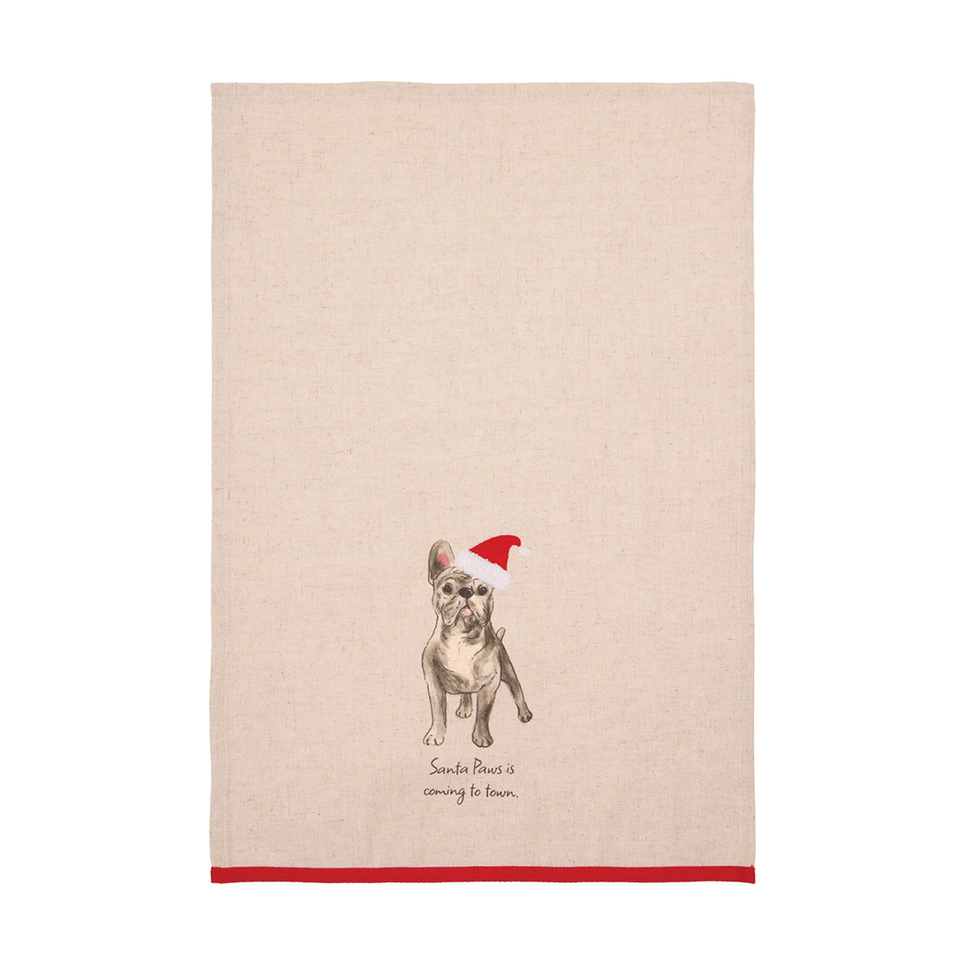 White santa paws frenchie towel shown flat with its embroidered design