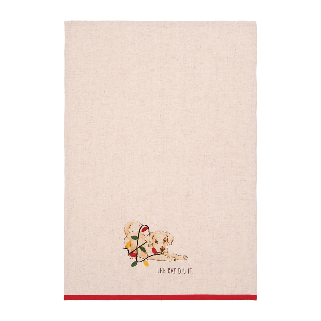 White tangled lights lab towel shown flat with its embroidered design