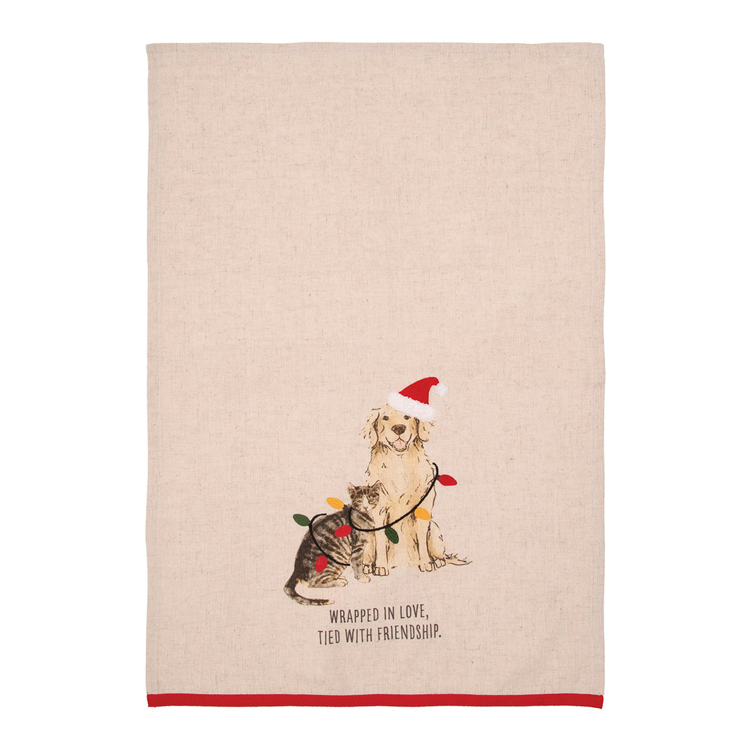 White tied with friendship pets towel shown flat with its embroidered design