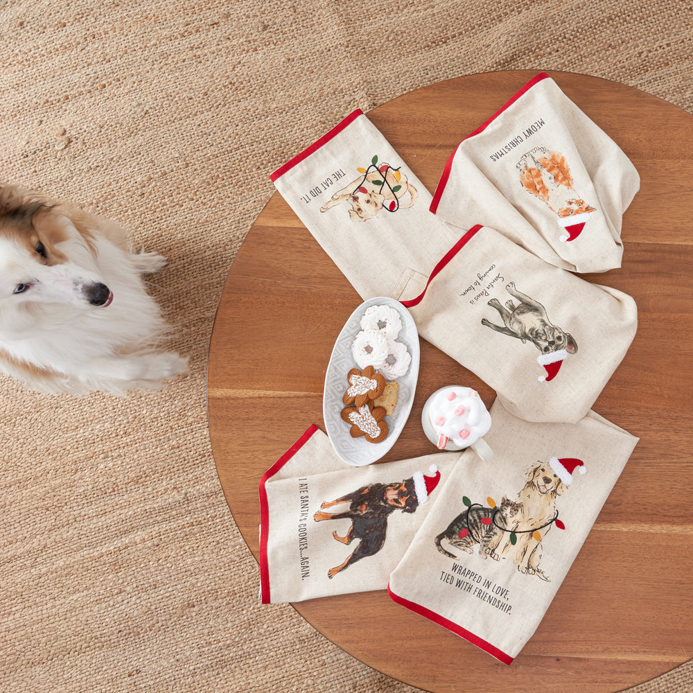 Tied with friendship pets towel hanging in a coordinated kitchen display